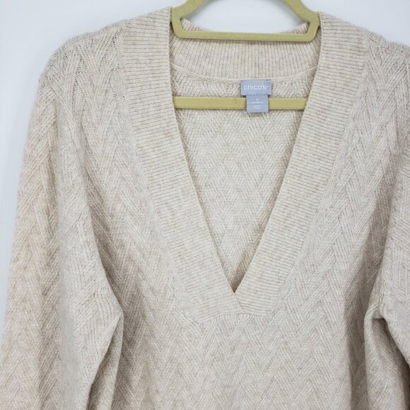 Chico's Herringbone V Neck Tunic Sweater XL Relaxed Fit Textured Beige Tan - Picture 5 of 8